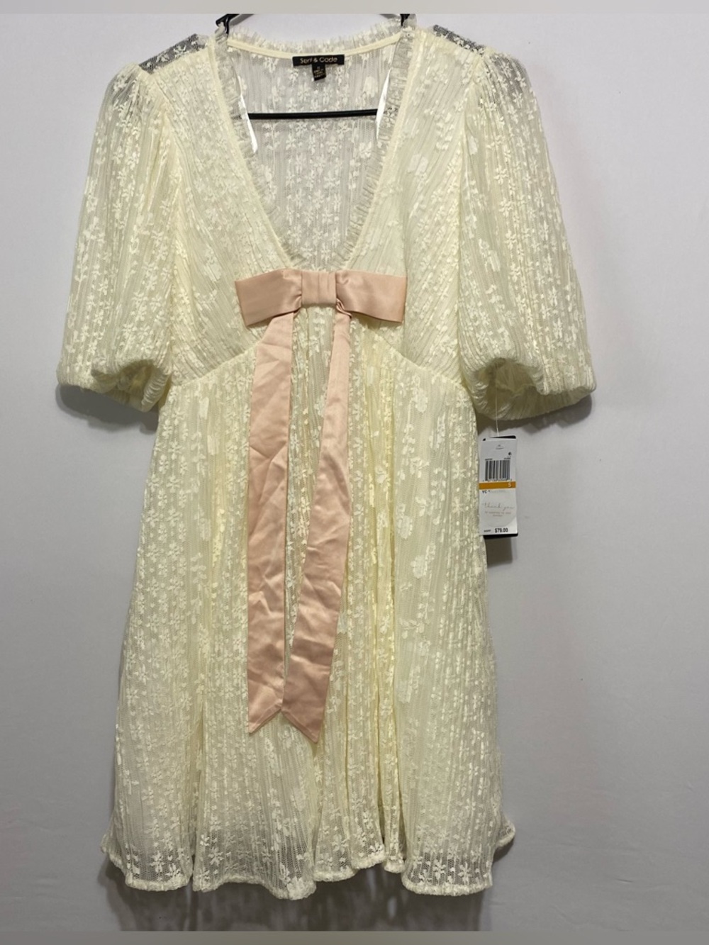 Seni & Cade Juniors V Neck Lace Babydoll Dress - Ivory Pink Small Cottagecore